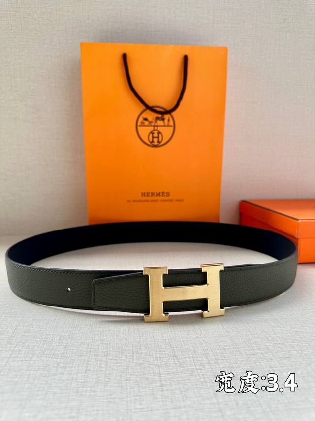 代购级hermès 爱马仕男士腰带 皮带 原单品质 单面荔枝纹 3.4宽 双面可用 配官网h拉丝扣