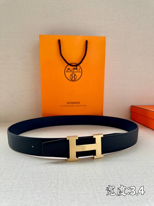 代购级hermès 爱马仕男士腰带 皮带 原单品质 单面荔枝纹 3.4宽 双面可用 配官网h拉丝扣