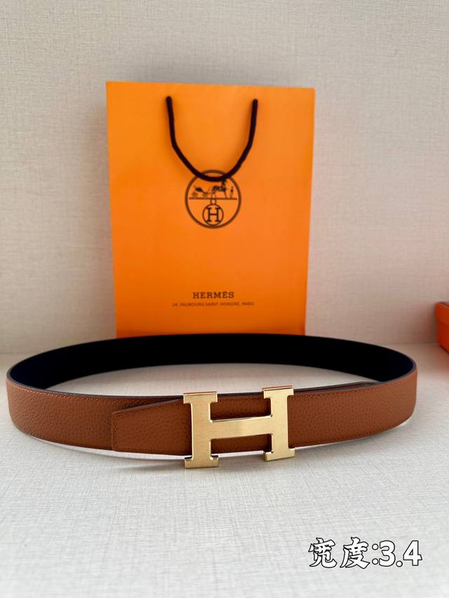 代购级hermès 爱马仕男士腰带 皮带 原单品质 单面荔枝纹 3.4宽 双面可用 配官网h拉丝扣