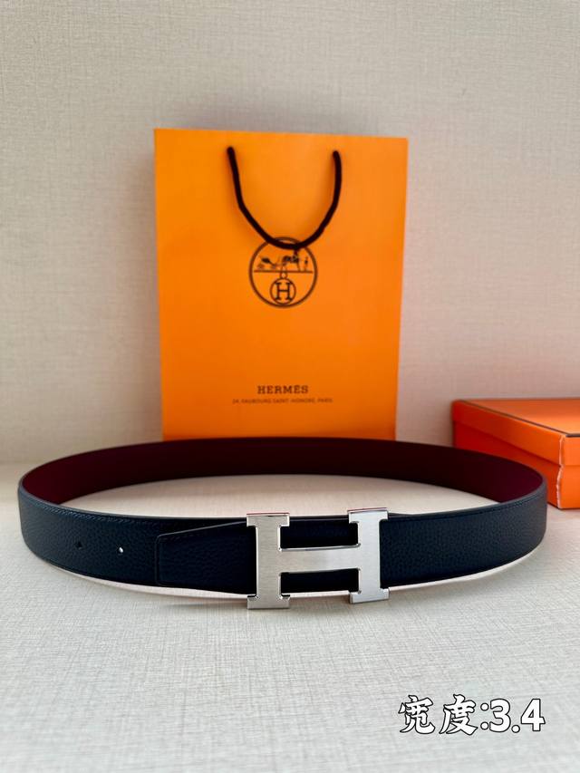 代购级hermès 爱马仕男士腰带 皮带 原单品质 单面荔枝纹 3.4宽 双面可用 配官网h拉丝扣