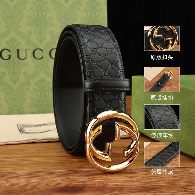 特 Gucci.古驰 全套包装 3.8Cm进口小牛皮压花, 专柜正品1:1完美复刻. 原版底皮, 采用热压印技术的gucci Signature皮革精制而成，触