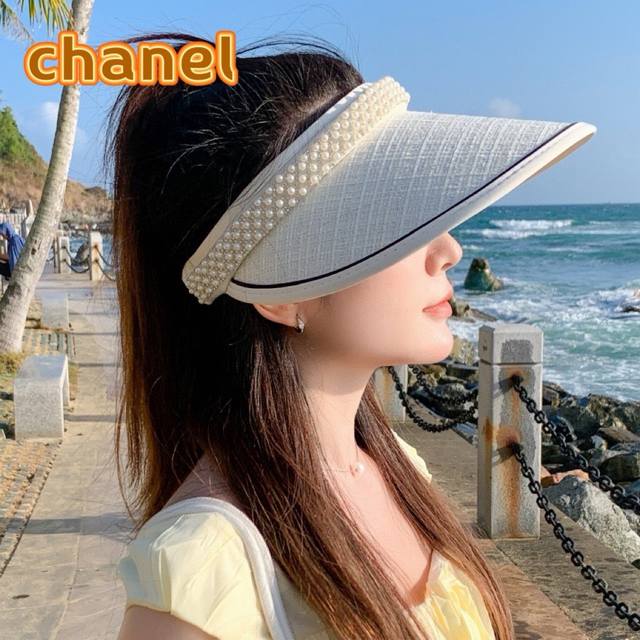 香奈儿chanel夏季女大檐防紫外线空顶帽户外防晒遮阳帽时尚珍珠满钻出游太阳帽