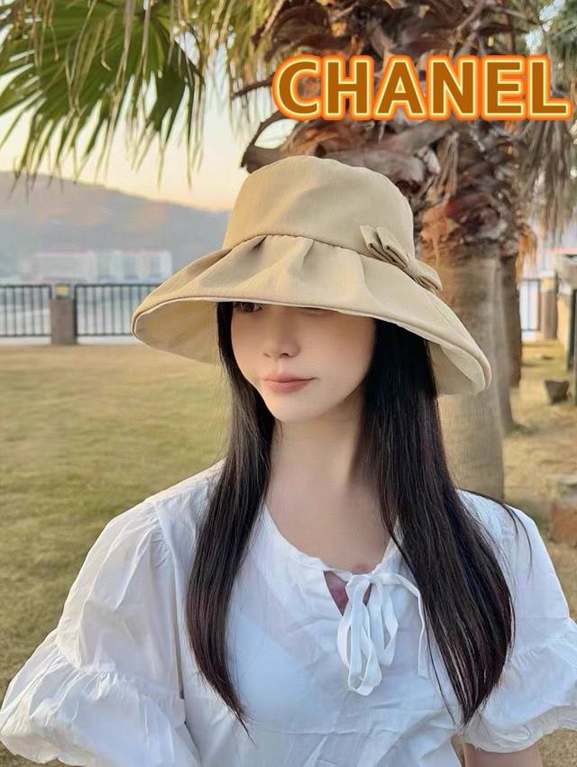 香奈儿chanel2024新款防紫外线骑车遮脸蝴蝶结渔夫太阳帽防晒帽