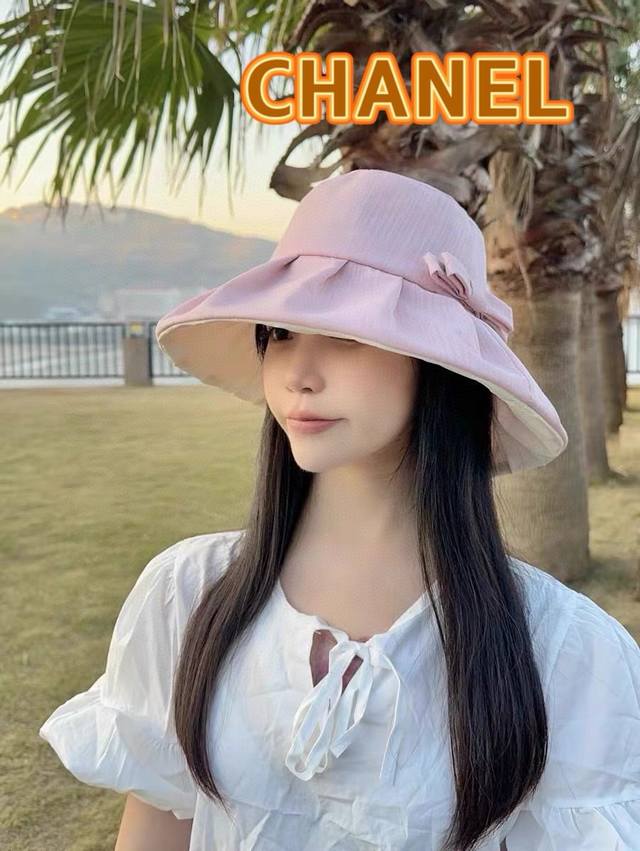 香奈儿chanel2024新款防紫外线骑车遮脸蝴蝶结渔夫太阳帽防晒帽