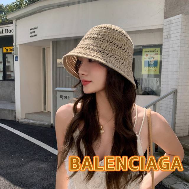 巴黎世家balenciaga新款春夏季遮阳防晒帽子女针织镂空透气户外休闲纯色水桶帽潮