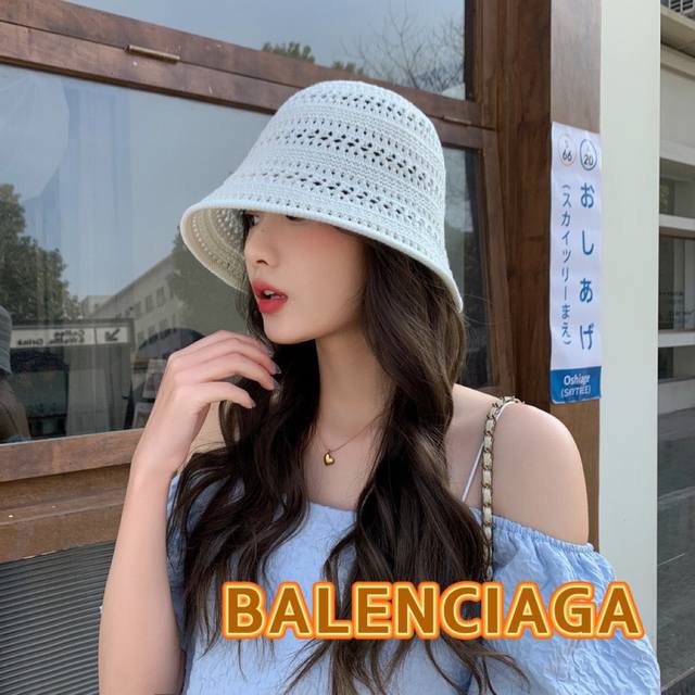 巴黎世家balenciaga新款春夏季遮阳防晒帽子女针织镂空透气户外休闲纯色水桶帽潮