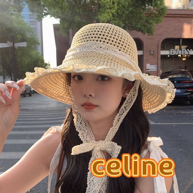 赛琳 Celine草编透气蕾丝系带渔夫帽女夏季百搭户外海边沙滩帽大檐甜美遮阳帽