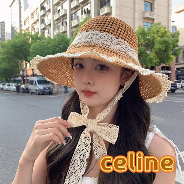 赛琳 Celine草编透气蕾丝系带渔夫帽女夏季百搭户外海边沙滩帽大檐甜美遮阳帽