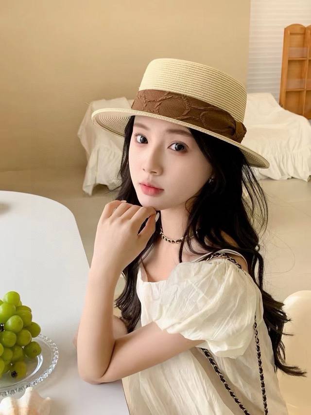 Chanel香奈儿名媛风小礼帽，平顶草帽，头围57Cm