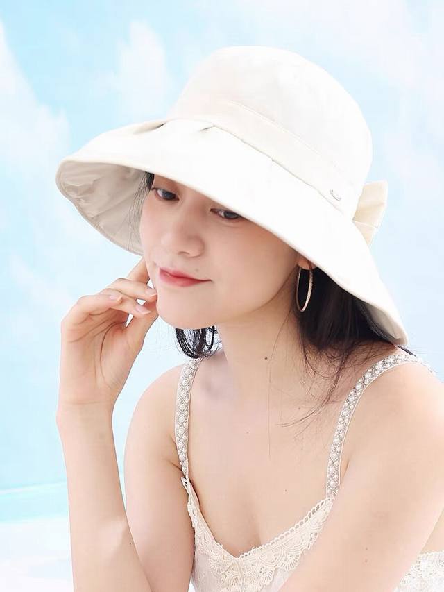 Chanel香奈儿 黑胶防晒帽女夏季全遮脸防紫外线蝴蝶结太阳帽大帽檐渔夫帽夏天遮阳帽子