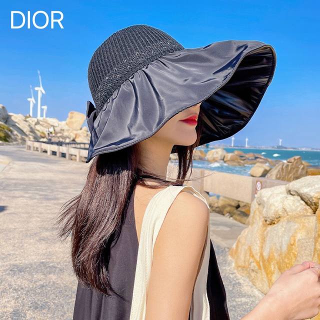 Dior 迪奥 夏季黑胶蝴蝶结渔夫帽子女防紫外线大檐遮脸太阳帽 - 点击图像关闭