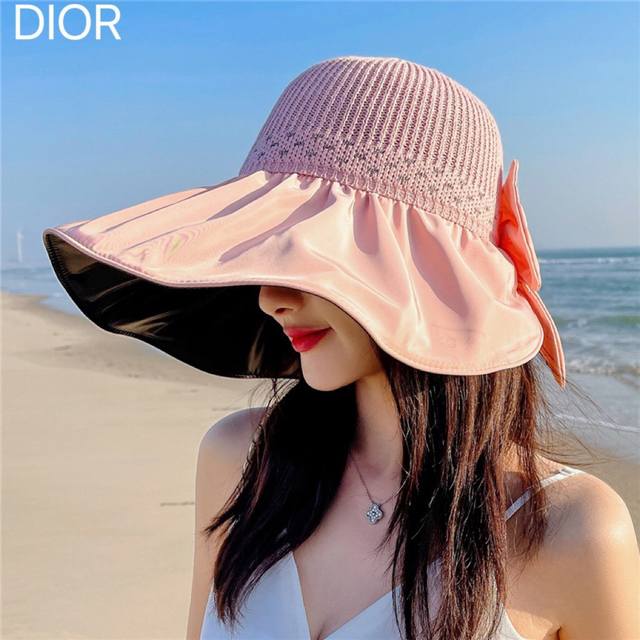 Dior 迪奥 夏季黑胶蝴蝶结渔夫帽子女防紫外线大檐遮脸太阳帽 - 点击图像关闭