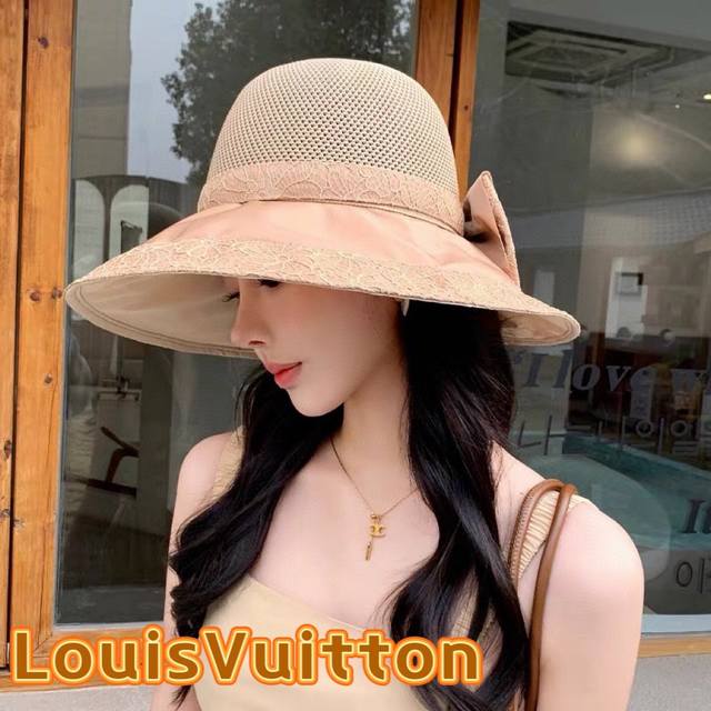 Louisvuitton路易威登 韩版新款帽子女蕾丝花边蝴蝶结彩胶防晒遮阳帽夏季针织网眼太阳帽