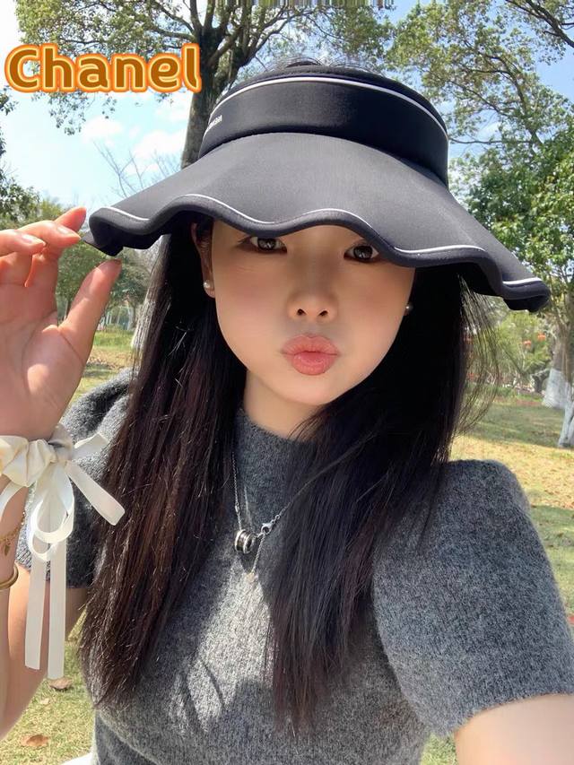 Chanel香奈儿云朵防晒遮阳帽春夏季防紫外线大帽檐空顶帽贝壳帽花边太阳帽