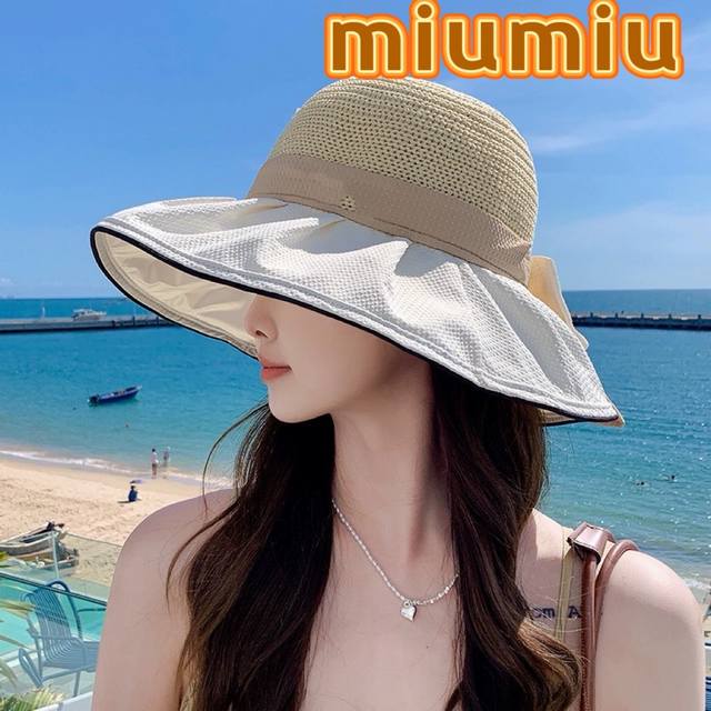 缪缪miumiu太阳帽女2024新款蝴蝶结防晒帽海边大帽檐显脸小沙滩遮阳帽子3052 - 点击图像关闭