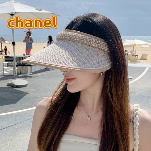 香奈儿chanel夏季女大檐防紫外线空顶帽户外防晒遮阳帽时尚珍珠满钻出游太阳帽