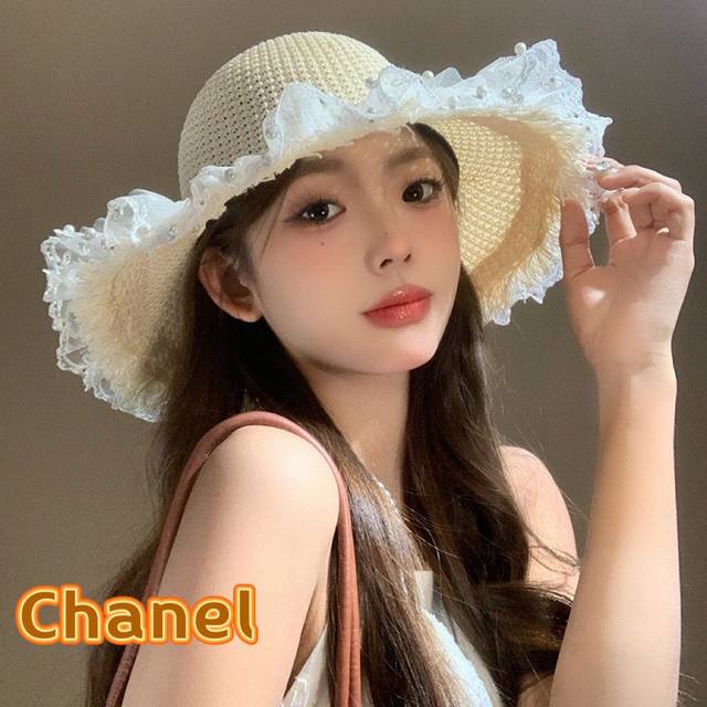 香奈儿chanel珍珠蕾丝草帽女大帽檐夏季防紫外线海边度假沙滩太阳帽防晒遮阳帽