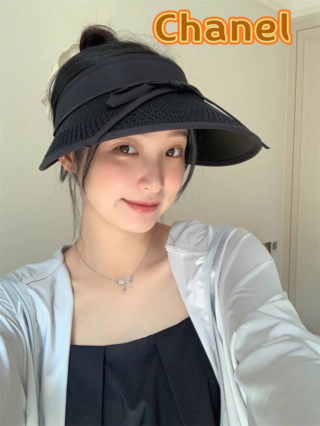 Chanel香奈儿 可爱蝴蝶结可折叠防晒帽空顶帽子女宽大帽檐遮阳帽显瘦无顶草帽夏