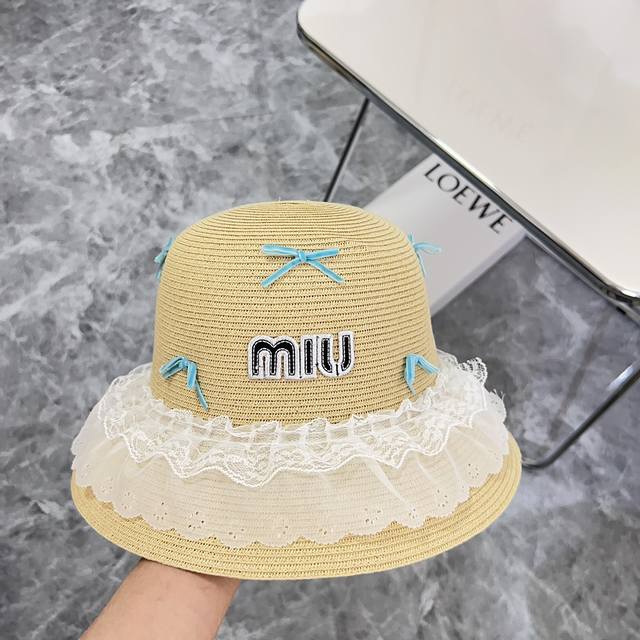 特 配防尘袋. Miumiu缪缪 2024新款小香风蝴蝶结重工度假风盆帽草帽，出街旅行单品