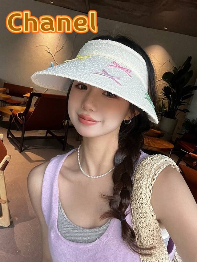 香奈儿chanel帽子女2024新款彩色甜美可爱蝴蝶结空顶防晒帽夏季防紫外线遮阳帽