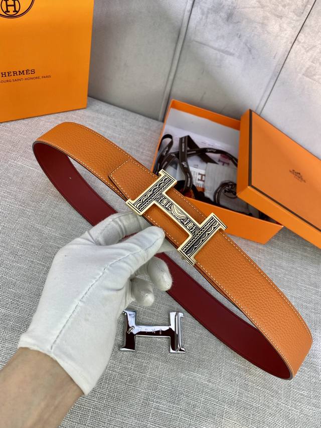 特 Hermes-H Belt Buckle & Reversible Leather Strap38Mm 爱马仕专柜同步 进口双面小牛皮 精钢精品五金 双面可