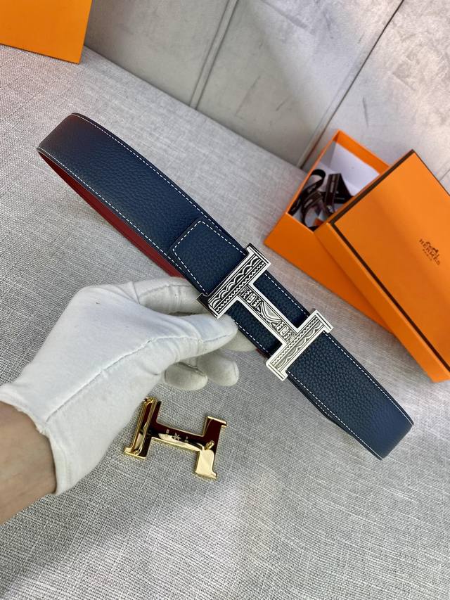 特 Hermes-H Belt Buckle & Reversible Leather Strap38Mm 爱马仕专柜同步 进口双面小牛皮 精钢精品五金 双面可