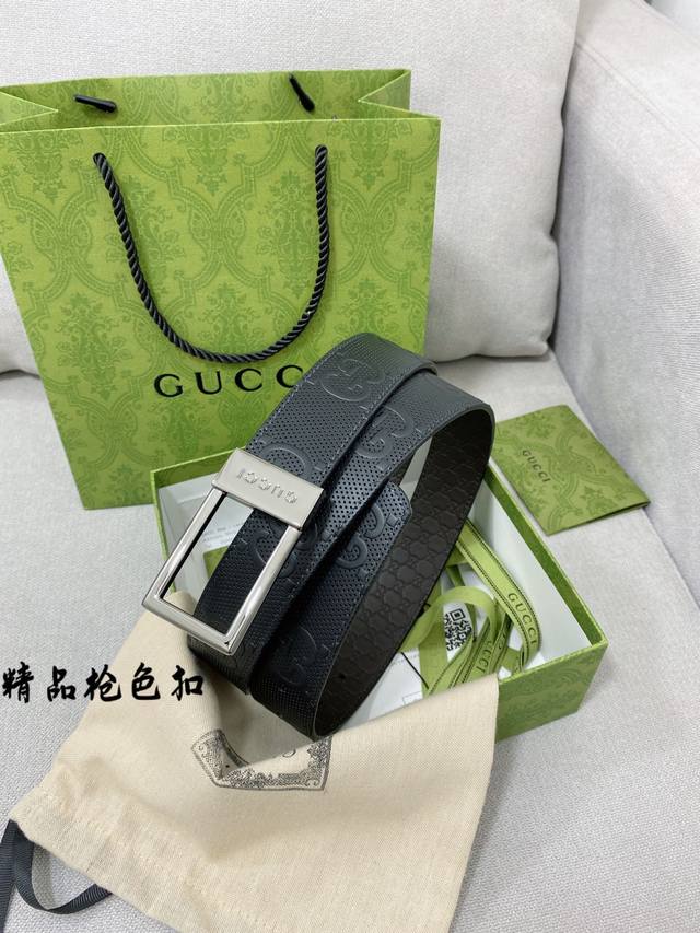 Gucci 海外专柜同步新款，双面可用原单腰带，进口原厂头层牛皮，搭配精品内穿扣头，宽度3.5Cm