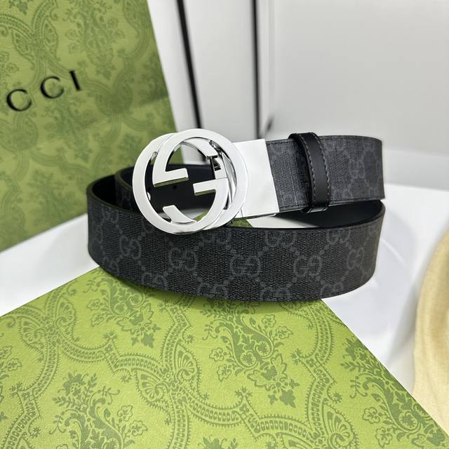 Gucci 473030 Kgdhhn 黑灰supreme Pvc老花 小牛皮黑底 宽度3.7Cm 圆双g旋转扣 双面可用 可裁剪