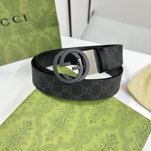 Gucci 473030 Kgdhhn 黑灰supreme Pvc老花 小牛皮黑底 宽度3.7Cm 圆双g旋转扣 双面可用 可裁剪