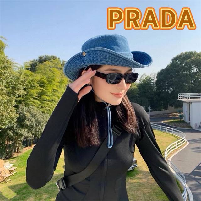 Prada普拉达2024年春夏季新款牛仔帽子男女韩版户外出游渔夫帽防晒遮阳太阳帽