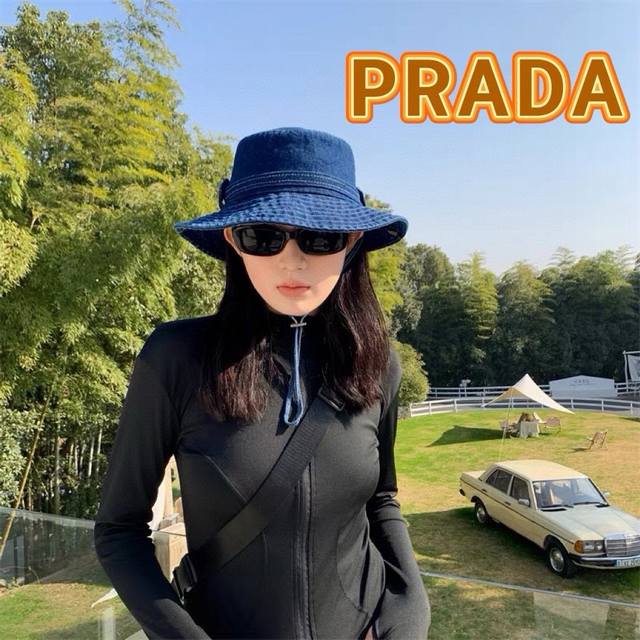 Prada普拉达2024年春夏季新款牛仔帽子男女韩版户外出游渔夫帽防晒遮阳太阳帽 - 点击图像关闭