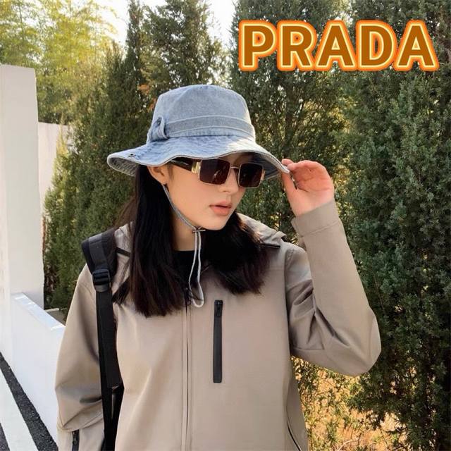 Prada普拉达2024年春夏季新款牛仔帽子男女韩版户外出游渔夫帽防晒遮阳太阳帽