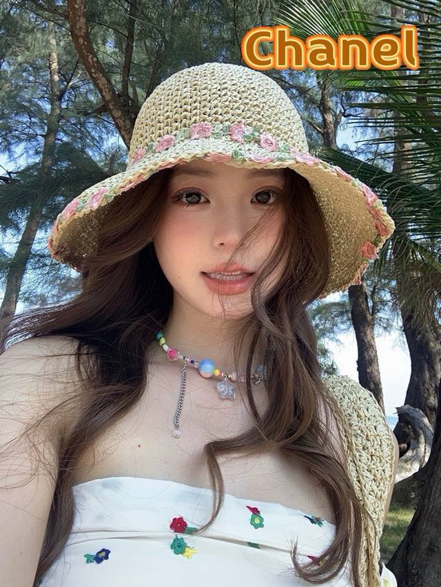 Chanel香奈儿 田园风花朵渔夫草帽女夏季海边度假可折叠防晒遮阳太阳帽