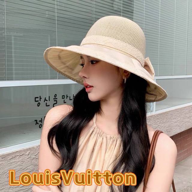 Louisvuitton路易威登 韩版新款帽子女蕾丝花边蝴蝶结彩胶防晒遮阳帽夏季针织网眼太阳帽