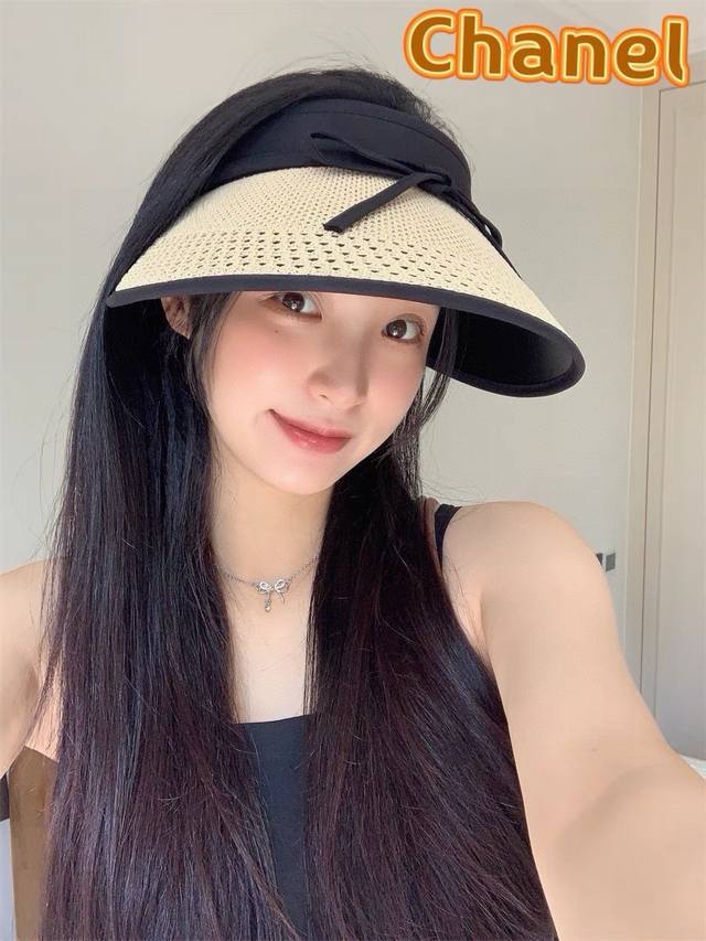 Chanel香奈儿 可爱蝴蝶结可折叠防晒帽空顶帽子女宽大帽檐遮阳帽显瘦无顶草帽夏