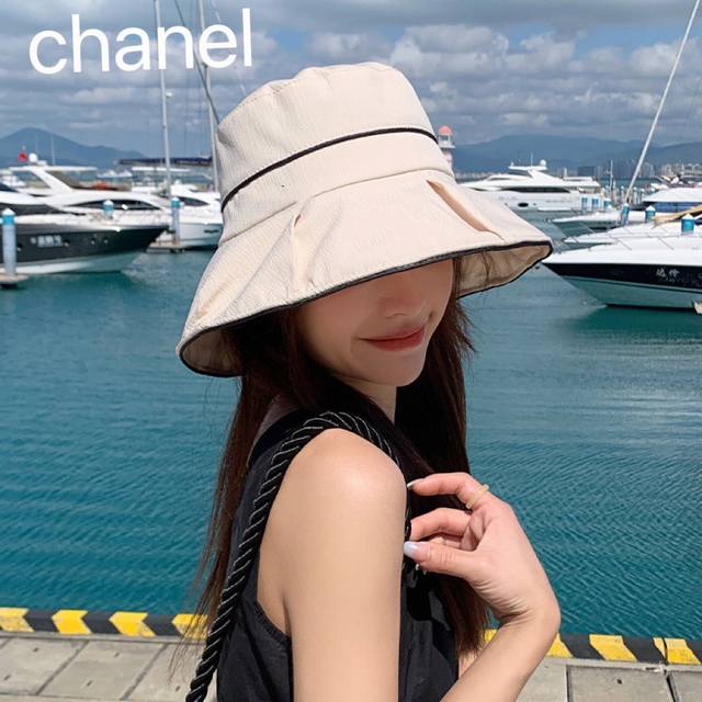 Chanel香奈儿2024韩版春夏新款帽子女时尚金属标网红渔夫帽夏季百搭纯色盆帽薄