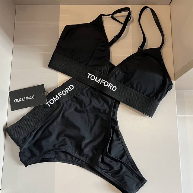 特 Tomford新款比基尼中古套装 小香logo印花吊带背心+三角打底裤分体泳衣，黑色，S M L X L