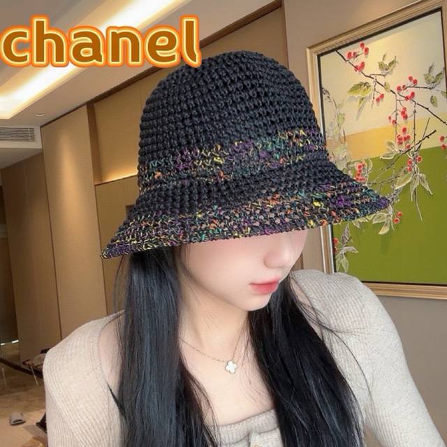 香奈儿chanel草编撞色条纹镂空渔夫帽女夏季宽檐防晒帽户外出游度假遮脸太阳帽