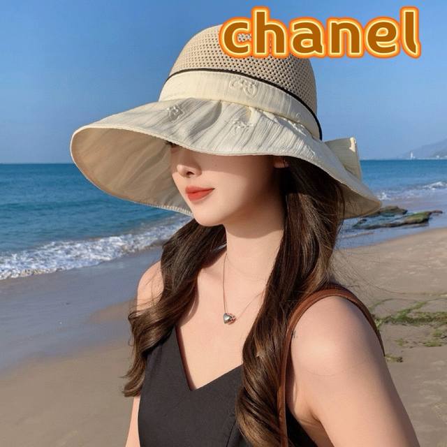 Chanel香奈儿 春夏新款帽子女时尚百搭蝴蝶结彩胶防晒遮阳帽夏季压花大沿太阳帽