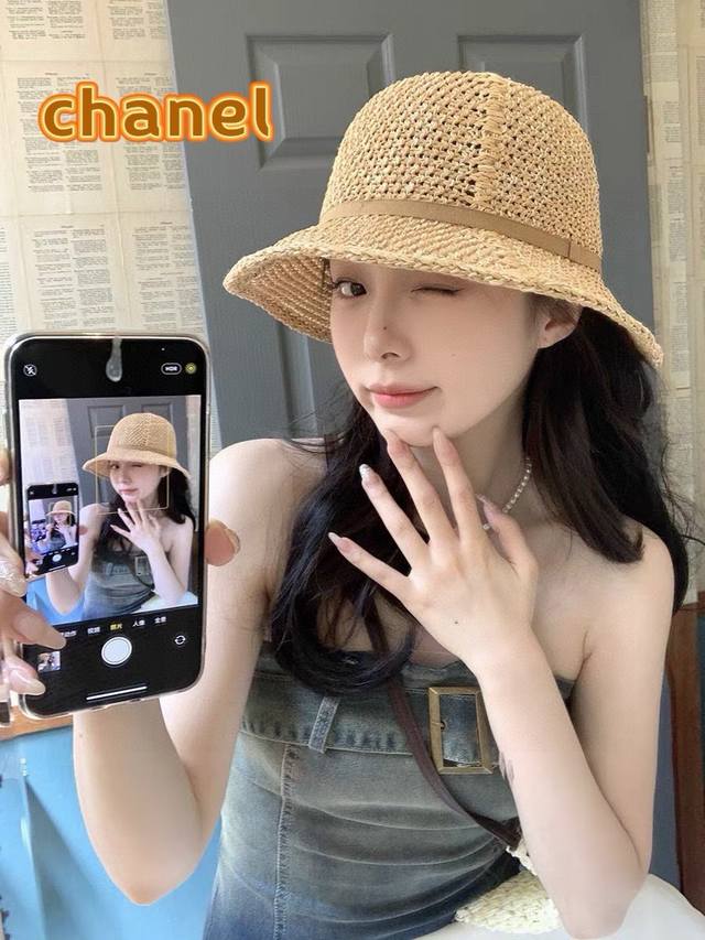 香奈儿chanel夏季防晒草帽女2024新款镂空透气大檐遮阳帽海边度假渔夫帽盆帽