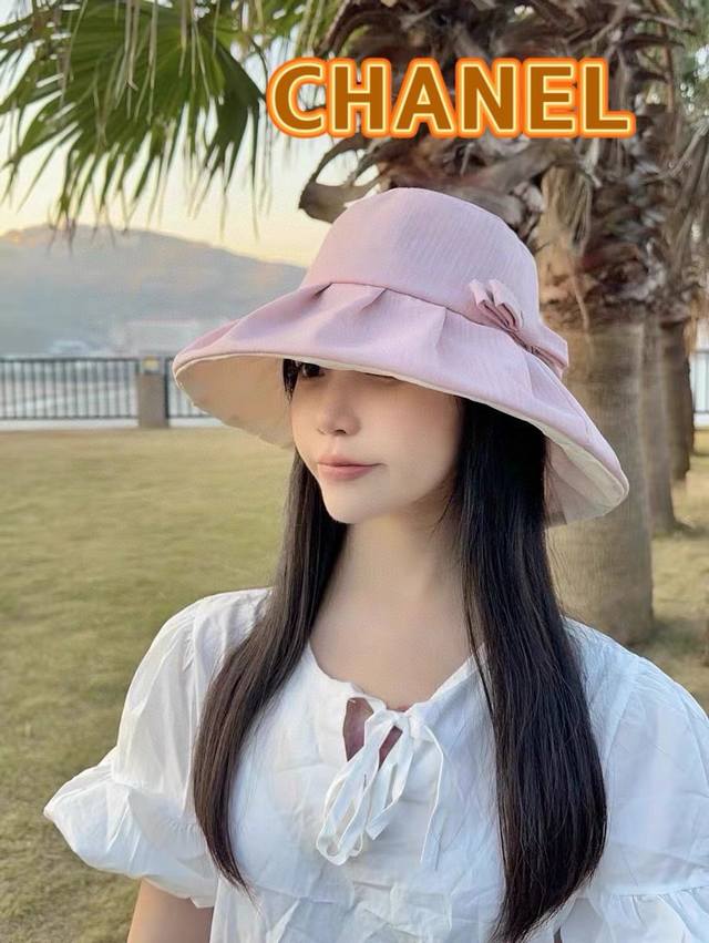 香奈儿chanel2024新款防紫外线骑车遮脸蝴蝶结渔夫太阳帽防晒帽 - 点击图像关闭