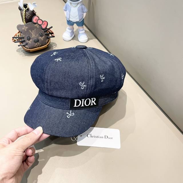 Dior 牛仔小蝴蝶结秋季新款韩系揪揪贝雷帽女时尚百搭休闲逛街画家帽潮