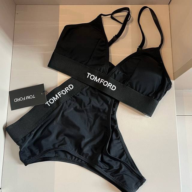 特批 Tomford新款比基尼中古套装 小香logo印花吊带背心+三角打底裤分体泳衣，黑色，S M L X L - 点击图像关闭