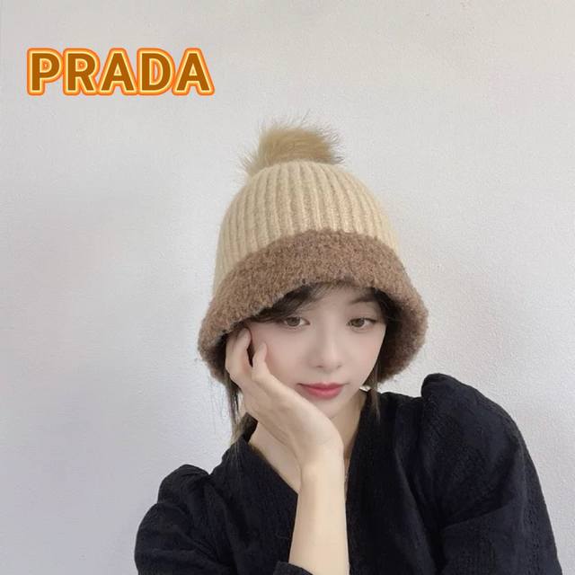 Prada普拉达韩版ins风毛线渔夫帽女秋冬韩国东大门代购时尚田园风保暖护耳帽 - 点击图像关闭