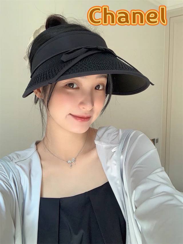 Chanel香奈儿 可爱蝴蝶结可折叠防晒帽空顶帽子女宽大帽檐遮阳帽显瘦无顶草帽夏 - 点击图像关闭