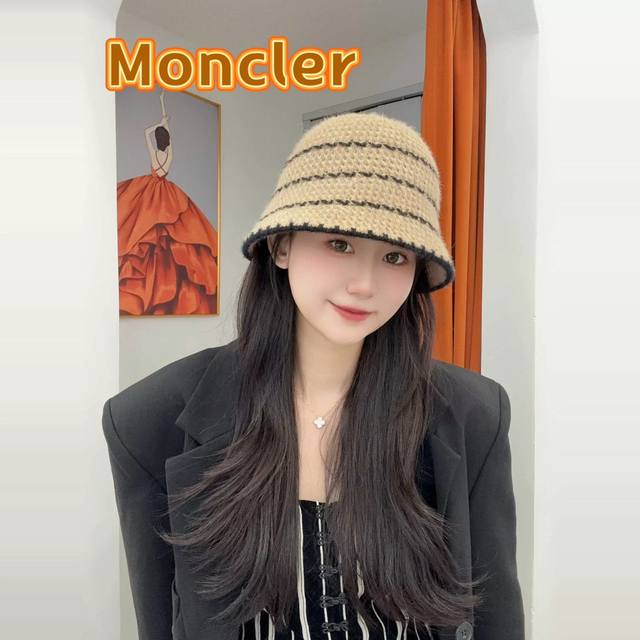 蒙口moncler法式针织帽女春秋季新款时尚遮阳盆帽条纹防晒帽子水桶编织渔夫帽 - 点击图像关闭