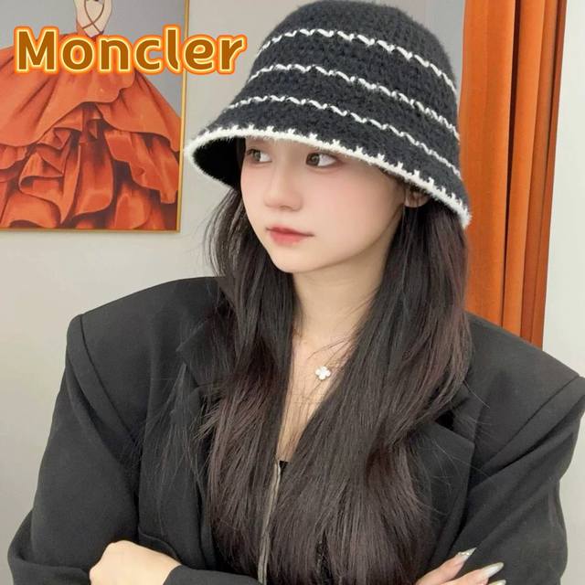 蒙口moncler法式针织帽女春秋季新款时尚遮阳盆帽条纹防晒帽子水桶编织渔夫帽 - 点击图像关闭