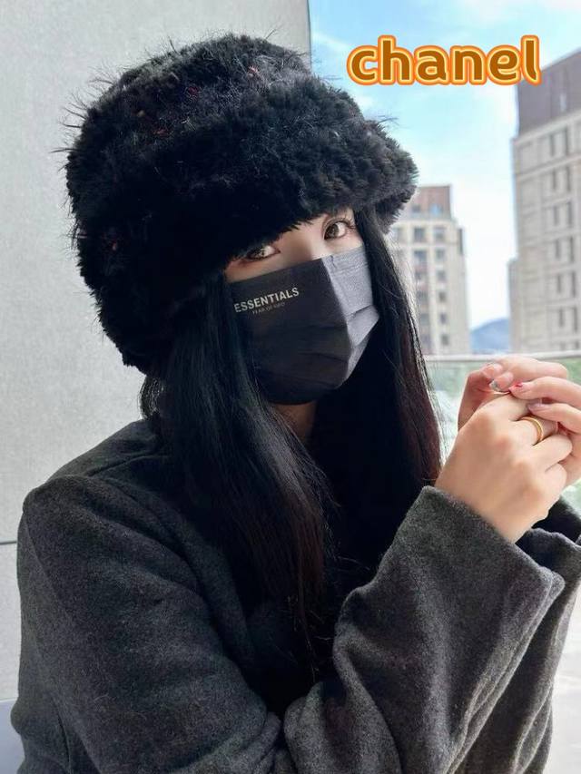 Chanel香奈儿加绒秋冬季毛线帽女款彩虹糖豆豆渔夫帽加厚包头护耳保暖针织帽 - 点击图像关闭