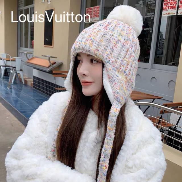 Louisvuitton路易威登 粗毛线帽女针织帽冷帽子秋冬季保暖加厚新款护耳大头围显脸小