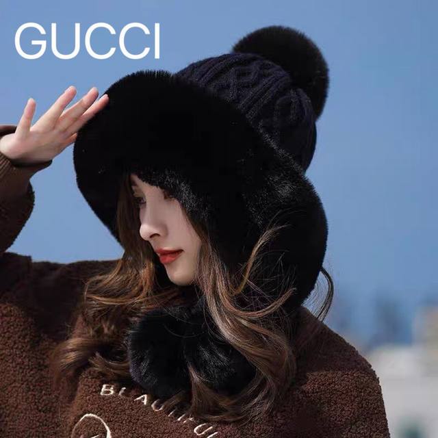 Gucci古奇 2024冬季雷锋帽女韩版潮百搭可爱毛球针织毛线帽加绒保暖时尚护耳帽子